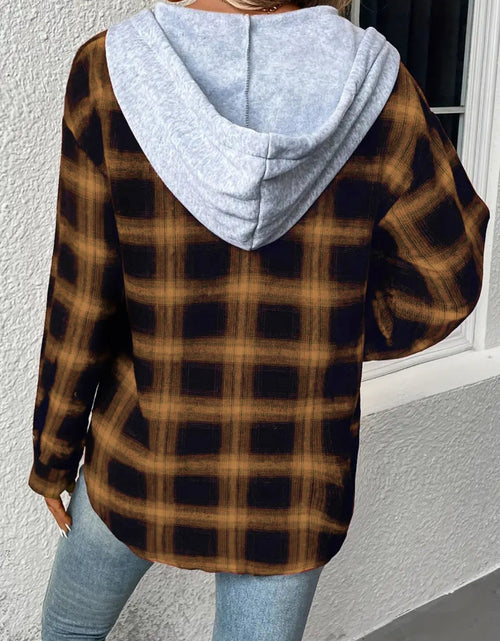 Load image into Gallery viewer, Plaid Drawstring Button Up Hooded Jacket

