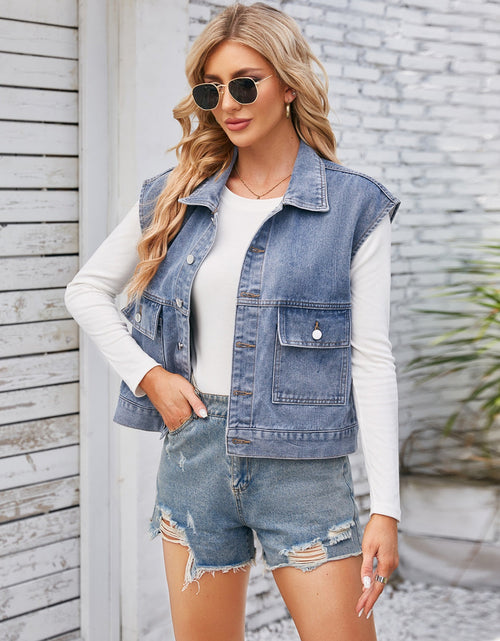 Load image into Gallery viewer, Cap Sleeve Denim Jacket with Pockets
