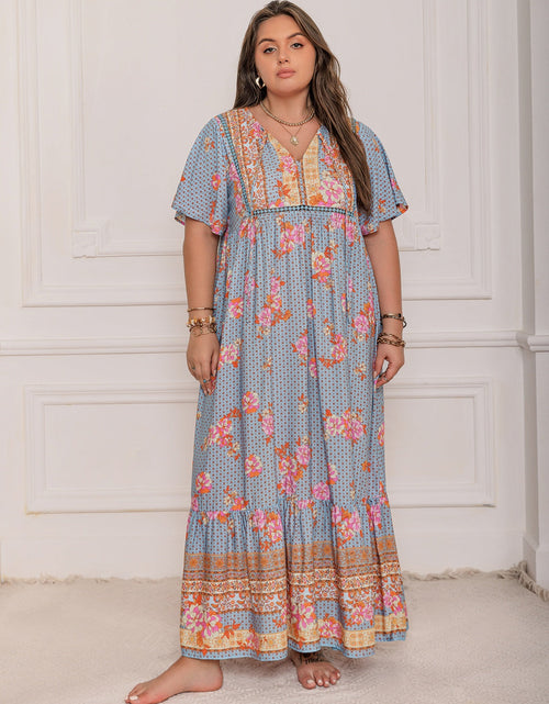 Load image into Gallery viewer, Plus Size Printed Tie Neck Flutter Sleeve Maxi Dress
