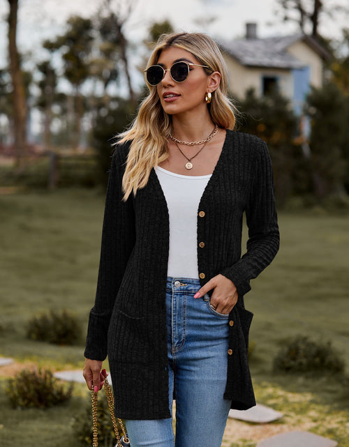 Load image into Gallery viewer, Ribbed Button-Up Cardigan with Pockets

