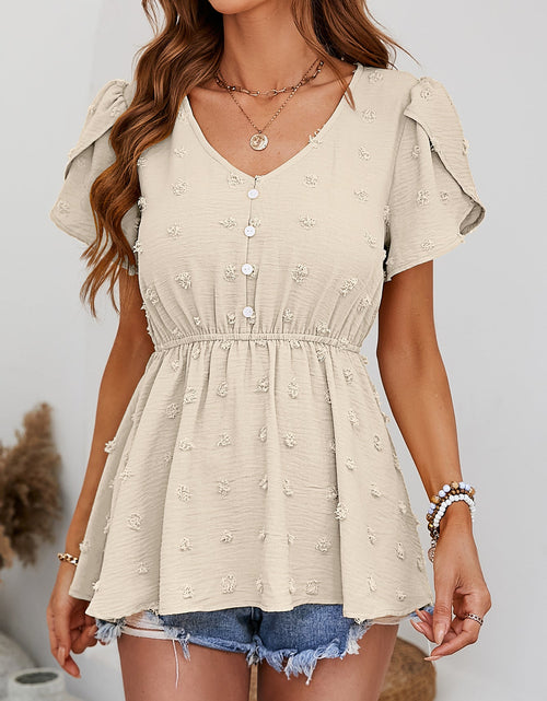 Load image into Gallery viewer, Swiss Dot Buttoned Petal Sleeve Peplum Blouse
