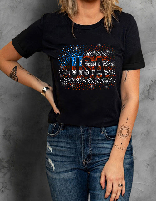 Load image into Gallery viewer, USA Rhinestone Round Neck Short Sleeve T-Shirt
