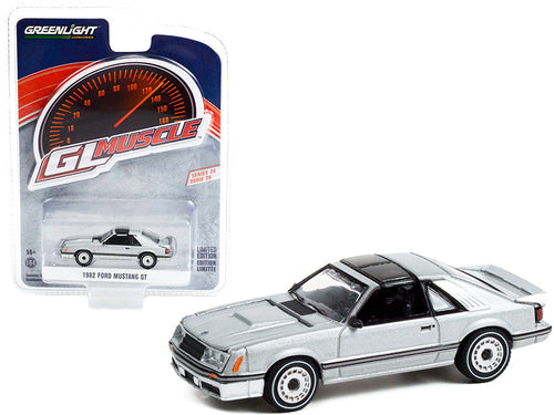 Load image into Gallery viewer, 1982 Ford Mustang GT 5.0 Silver Metallic with Black Stripes "Greenlight Muscle" Series 26 1/64 Diecast Model Car by Greenlight
