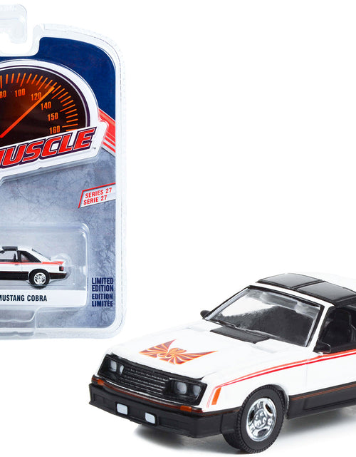 Load image into Gallery viewer, 1981 Ford Mustang Cobra Polar White and Black with Red Stripes "Greenlight Muscle" Series 27 1/64 Diecast Model Car by Greenlight
