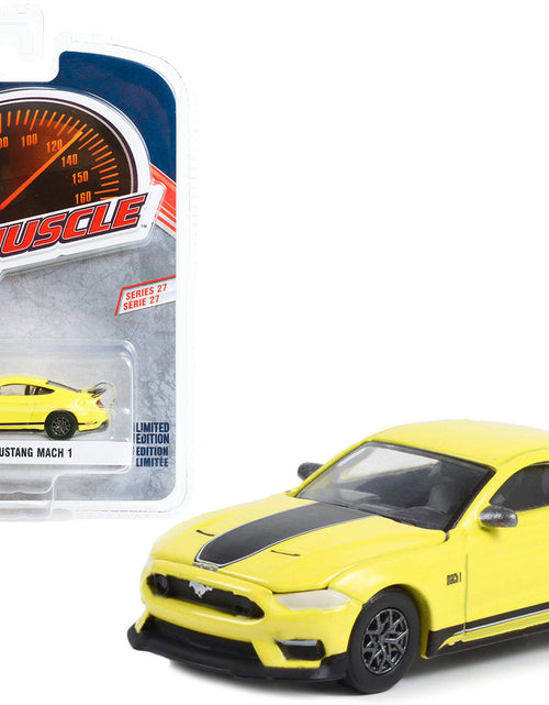 Load image into Gallery viewer, 2021 Ford Mustang Mach 1 Grabber Yellow with Black Stripes "Greenlight Muscle" Series 27 1/64 Diecast Model Car by Greenlight
