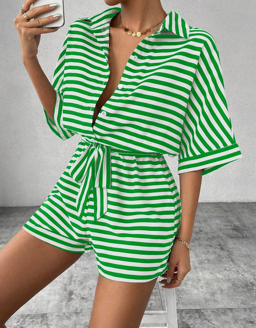 Load image into Gallery viewer, Tie Waist Half Button Striped Romper
