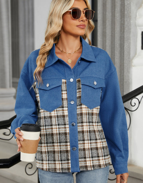 Load image into Gallery viewer, Plaid Button Up Long Sleeve Denim Jacket
