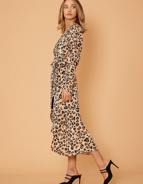 Load image into Gallery viewer, Women's Print Puffy Shoulder Dress in Brown Leopard by Shop at Konus
