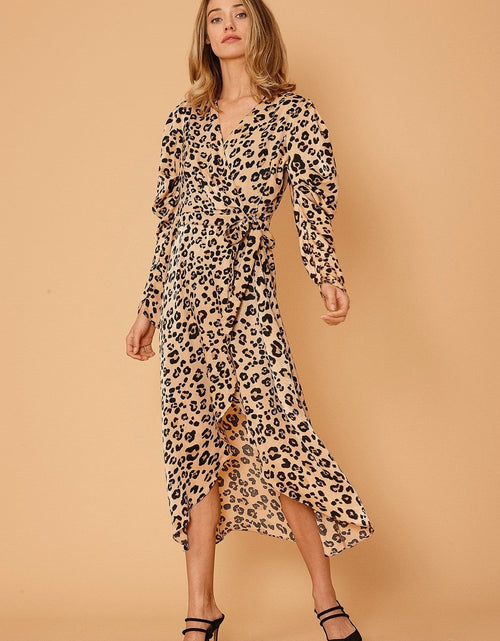 Load image into Gallery viewer, Women's Print Puffy Shoulder Dress in Brown Leopard by Shop at Konus
