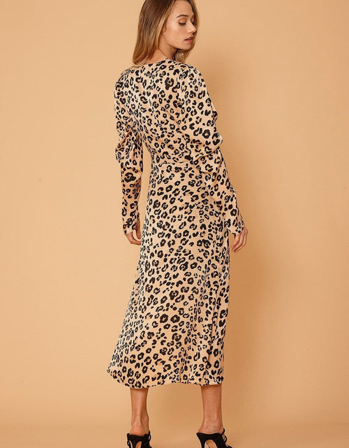 Load image into Gallery viewer, Women's Print Puffy Shoulder Dress in Brown Leopard by Shop at Konus
