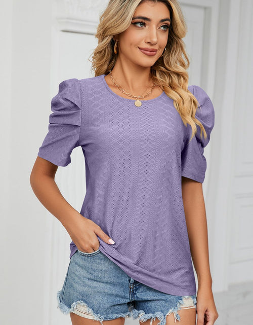 Load image into Gallery viewer, Eyelet Puff Sleeve Round Neck Blouse
