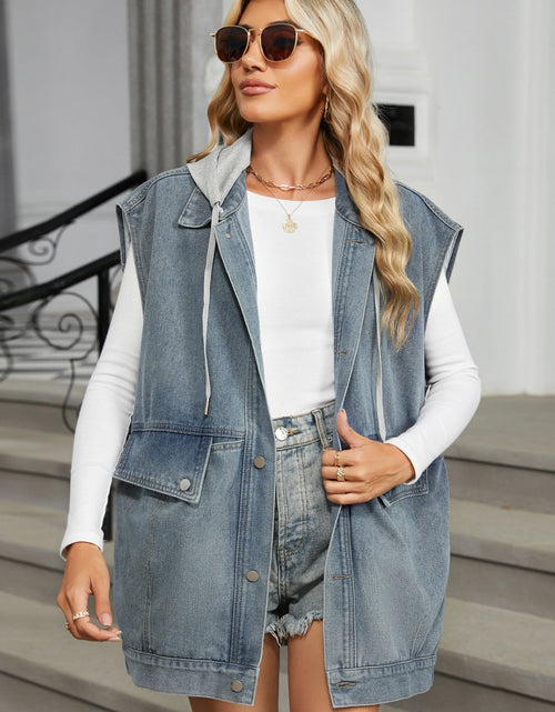 Load image into Gallery viewer, Removable Hood Button Up Cap Sleeve Denim Jacket
