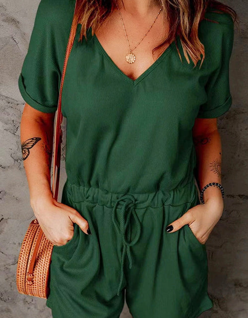 Load image into Gallery viewer, Full Size Drawstring V-Neck Short Sleeve Romper
