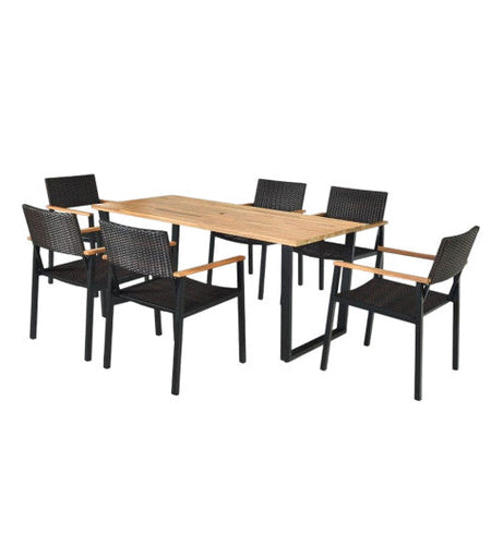 Patented 7 Pieces Outdoor Dining Set with Large Acacia Wood Table Top