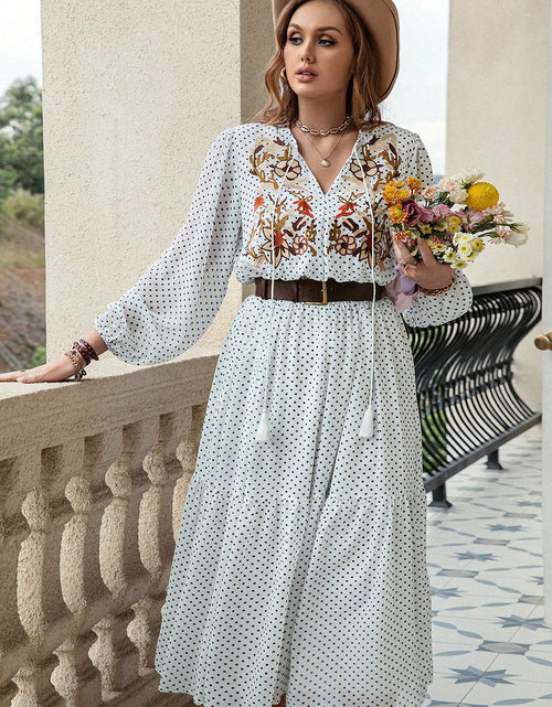 Load image into Gallery viewer, Plus Size Printed Tie Neck Long Sleeve Midi Dress
