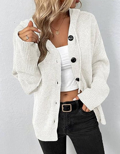 Load image into Gallery viewer, Button Up Drawstring Long Sleeve Hooded Cardigan
