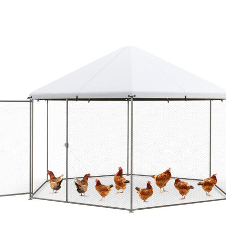13FT Large Metal Hexagonal Chicken Coop with Wire Mesh and Lockable Door