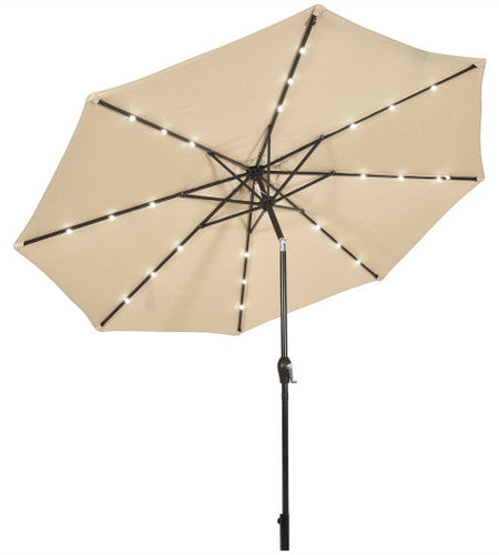 10' Solar LED Lighted Patio Market Umbrella Shade Tilt Adjustment Crank-Beige