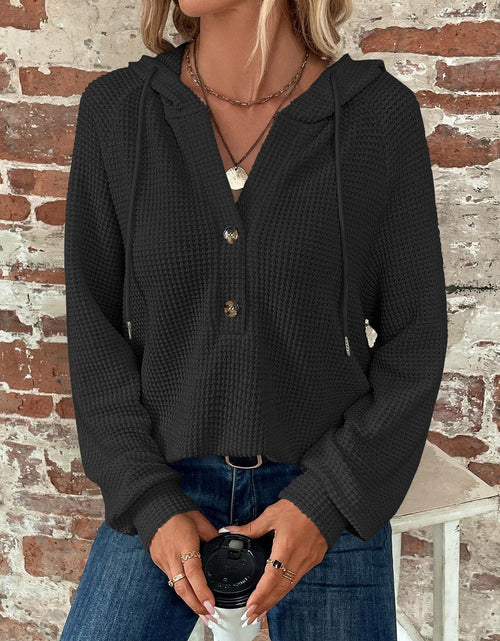 Load image into Gallery viewer, Waffle Knit Long Sleeve Drawstring Hooded Top
