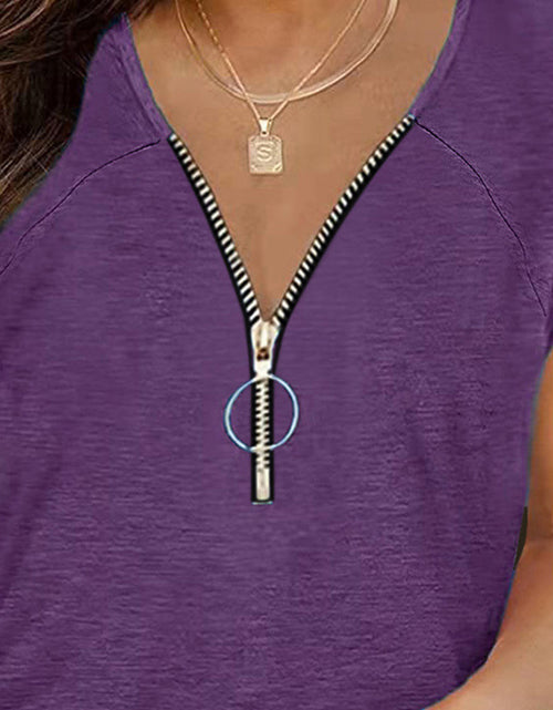 Load image into Gallery viewer, Full Size Half Zip Cap Sleeve T-Shirt
