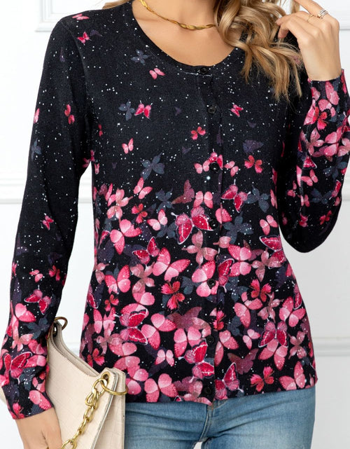 Load image into Gallery viewer, Woven Right Floral Button Front Round Neck Cardigan

