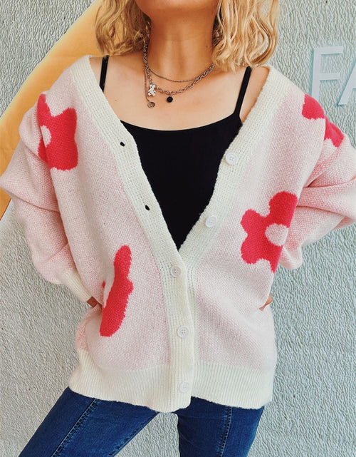 Load image into Gallery viewer, Flower Button Down V-Neck Long Sleeve Cardigan
