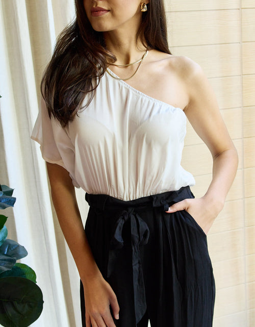 Load image into Gallery viewer, Dress Day Marvelous in Manhattan One-Shoulder Jumpsuit in White/Black

