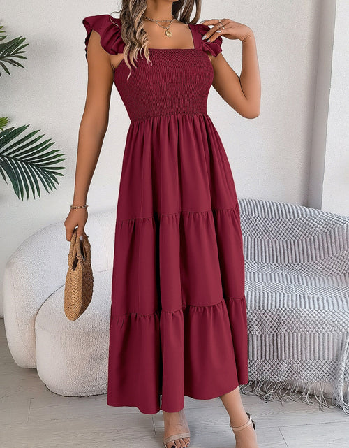 Load image into Gallery viewer, Smocked Square Neck Cap Sleeve Midi Dress
