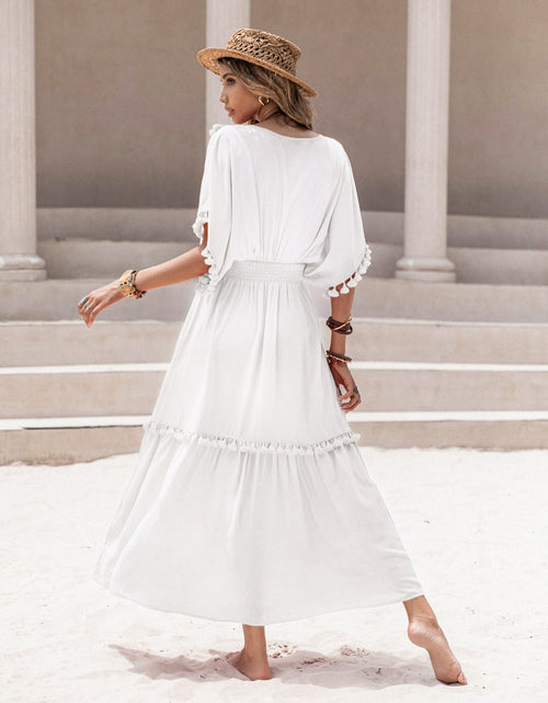 Load image into Gallery viewer, Tassel Trim Smocked V-Neck Short Sleeve Dress
