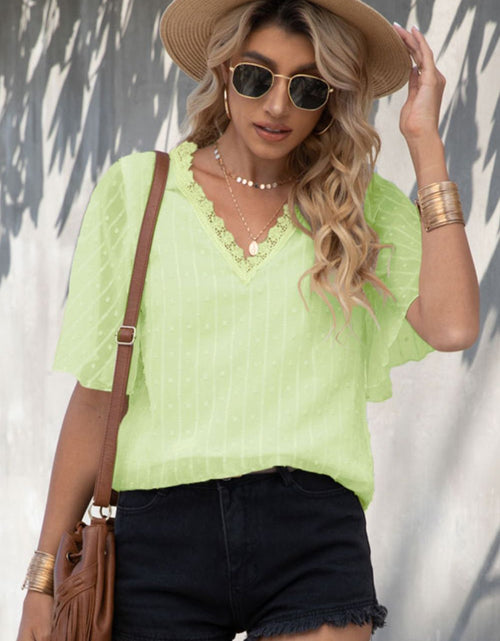Load image into Gallery viewer, Shiny Swiss Dot Lace Trim Flutter Sleeve V-Neck Blouse
