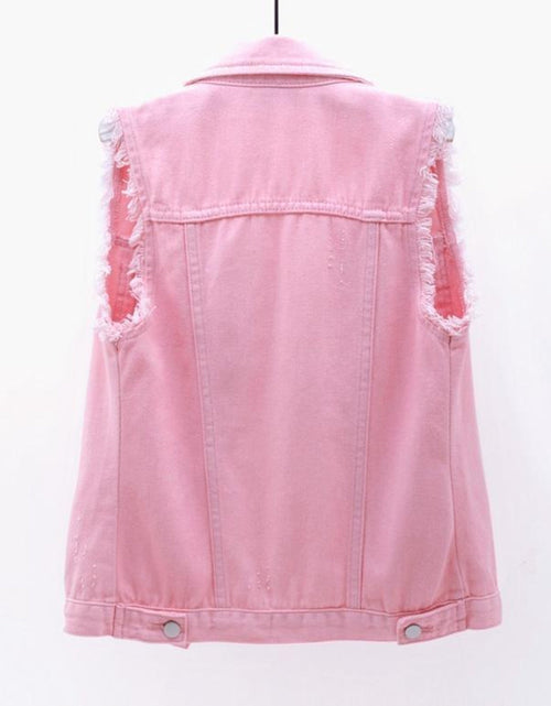 Load image into Gallery viewer, Full Size Button Down Raw Hem Sleeveless Denim Jacket Plus Size

