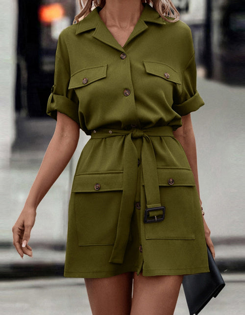 Load image into Gallery viewer, Shiny Tie Waist Collared Dress
