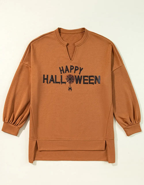 Load image into Gallery viewer, Sequin Letter Graphic Notched Long Sleeve Sweatshirt
