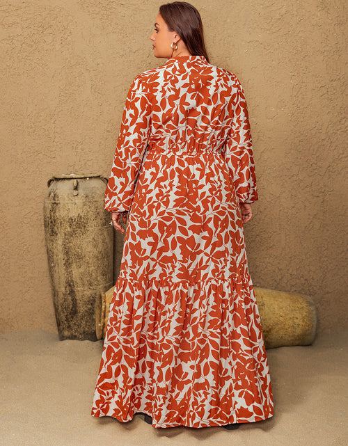 Load image into Gallery viewer, Plus Size Printed Notched Long Sleeve Maxi Dress
