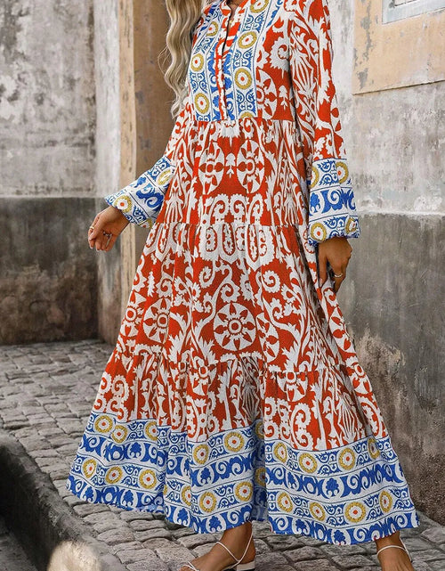 Load image into Gallery viewer, Printed Notched Long Sleeve Maxi Dress
