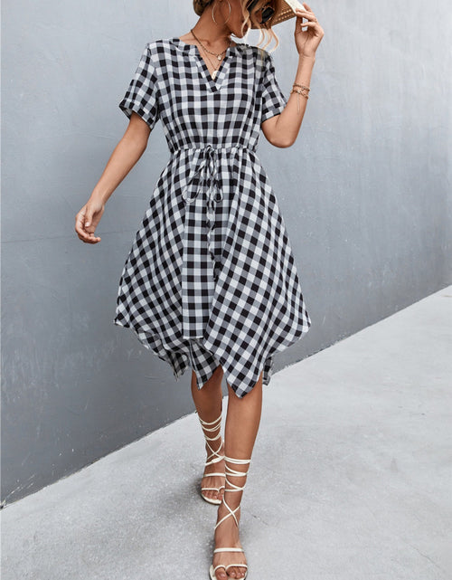 Load image into Gallery viewer, Plaid Notched Short Sleeve Dress
