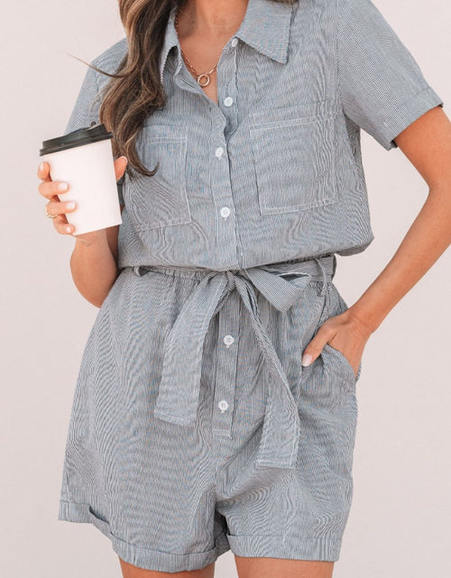 Load image into Gallery viewer, Stripe Chest Pockets Tie Waist Romper
