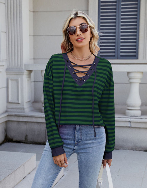 Load image into Gallery viewer, Lace-Up Striped Long Sleeve T-Shirt

