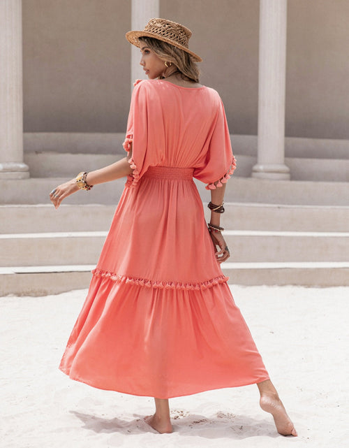 Load image into Gallery viewer, Tassel Trim Smocked V-Neck Short Sleeve Dress
