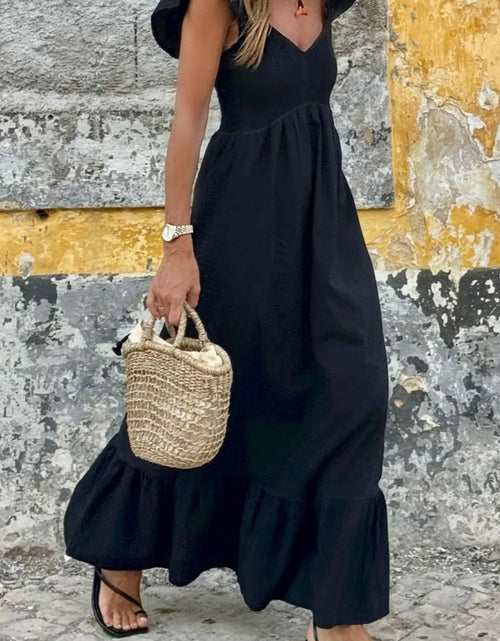 Load image into Gallery viewer, V Neck Ruffled Cap Sleeve Smocked Maxi Dress
