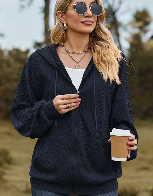 Load image into Gallery viewer, Drawstring Zip Up Dropped Shoulder Hoodie
