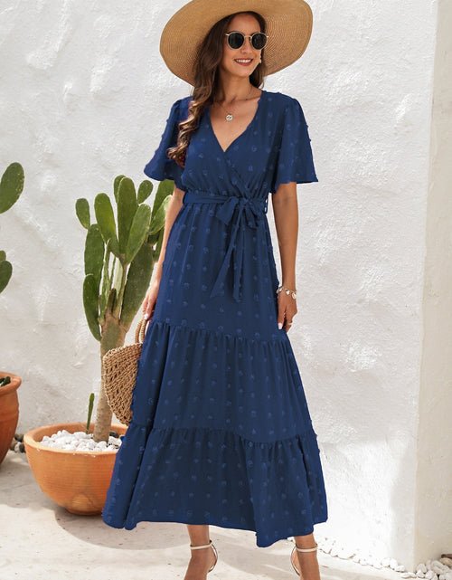 Load image into Gallery viewer, Swiss Dot Tied Surplice Short Sleeve Dress

