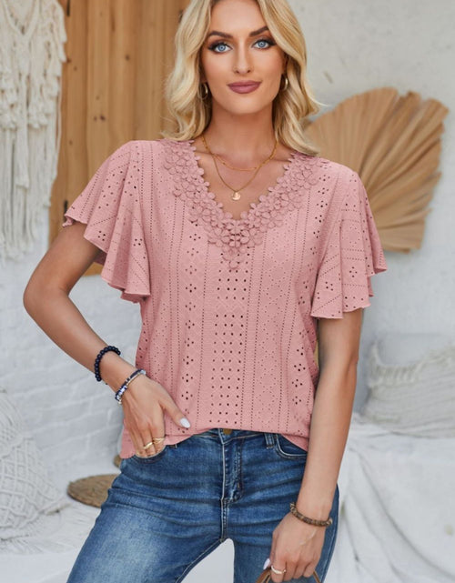 Load image into Gallery viewer, Eyelet Applique V-Neck Cap Sleeve T-Shirt

