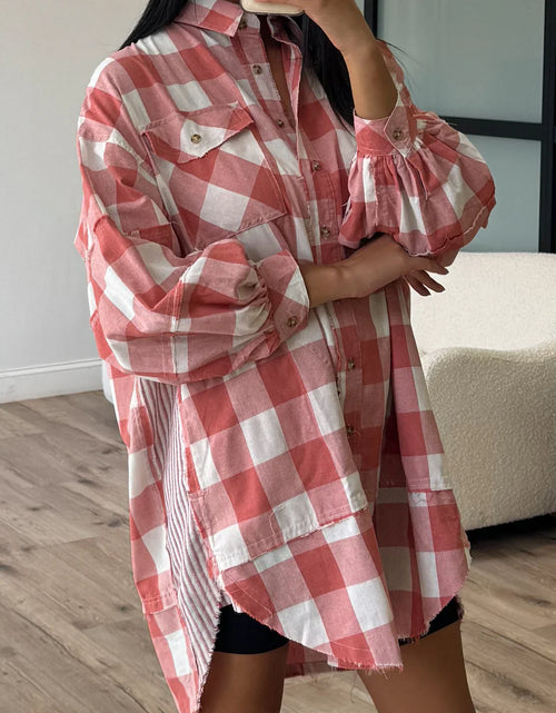 Load image into Gallery viewer, Plaid Collared Neck Long Sleeve Shirt Dress
