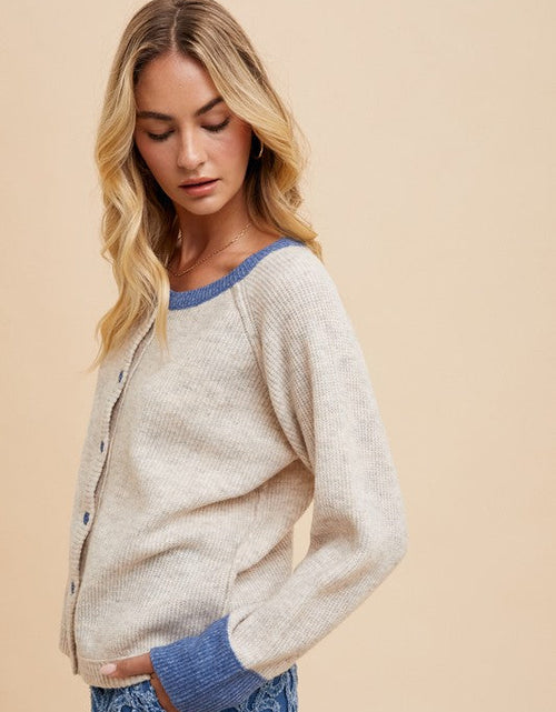 Load image into Gallery viewer, Annie Wear Contrast Trim Button Down Raglan Sleeve Cardigan
