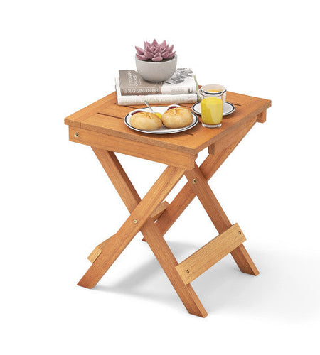 14 Inch Compact Folding Side Table with Slatted Tabletop