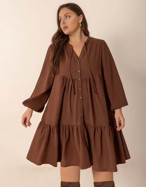 Load image into Gallery viewer, Plus Size Tie Neck Balloon Sleeve Tiered Dress
