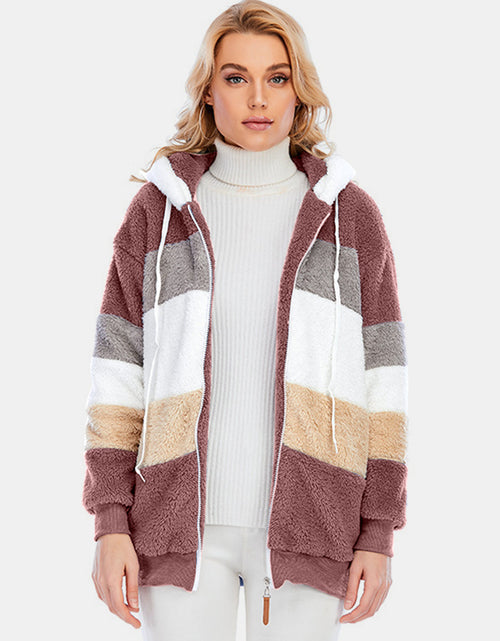Load image into Gallery viewer, Full Size Drawstring Color Block Zip Up Hooded Outerwear
