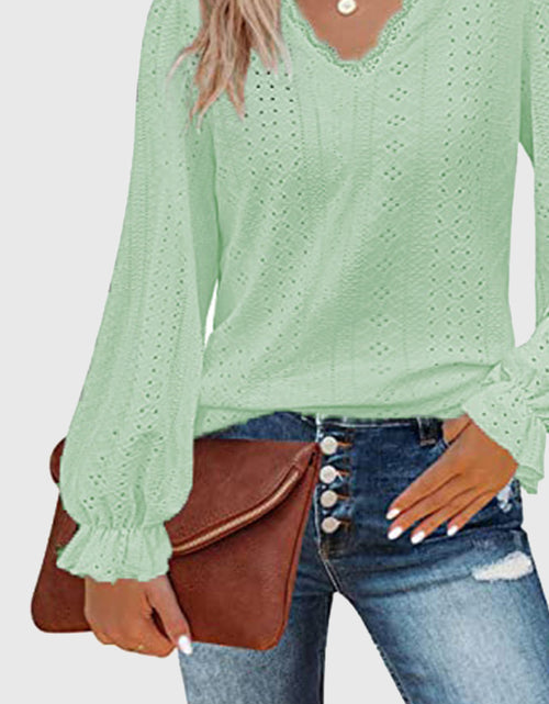 Load image into Gallery viewer, Eyelet V-Neck Flounce Sleeve Blouse
