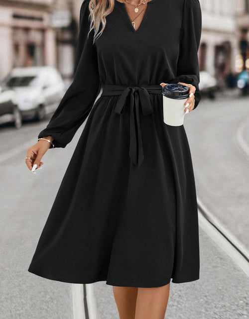 Load image into Gallery viewer, Tie Waist Notched Neck Long Sleeve Dress

